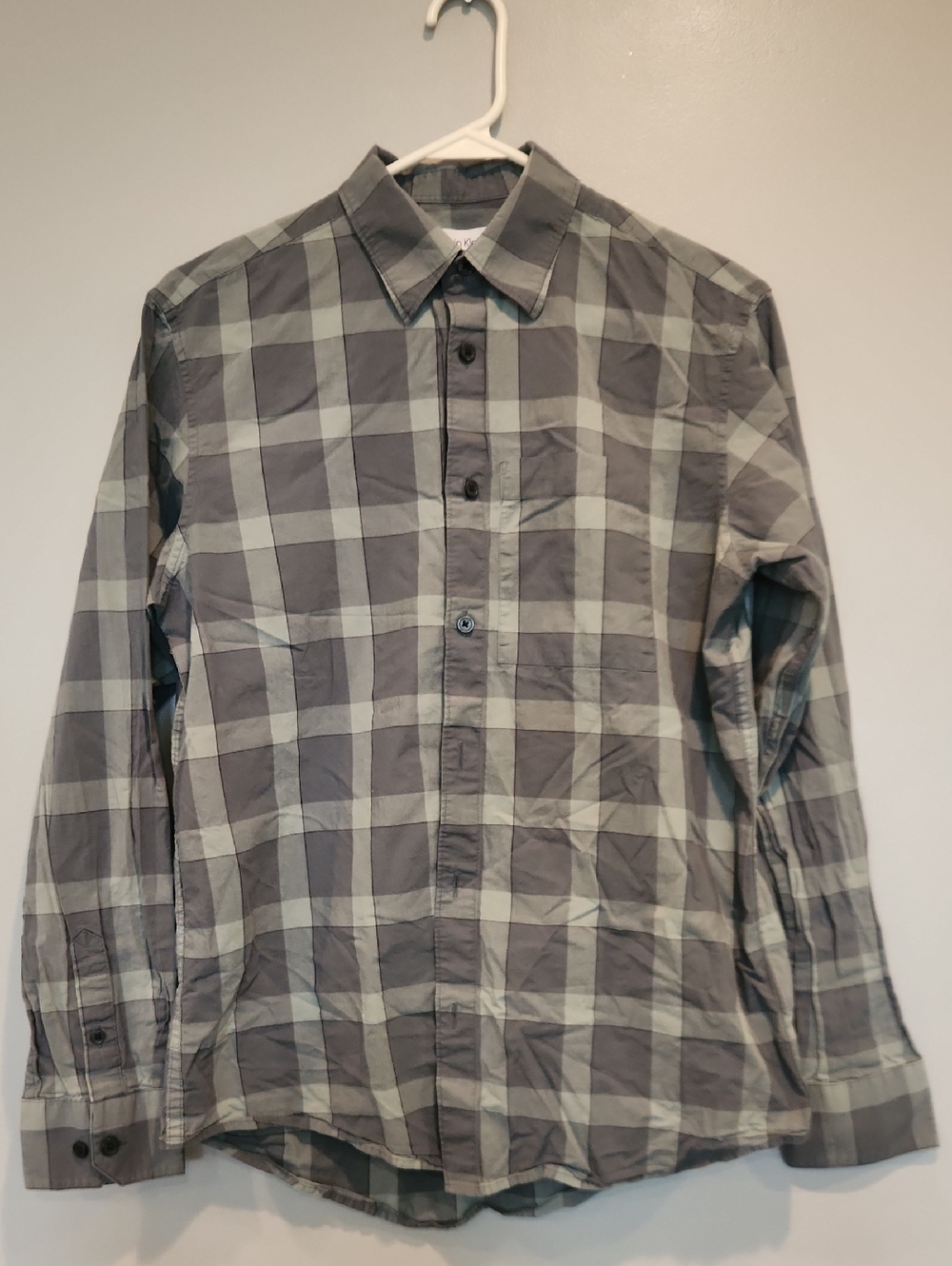 Calvin Klein Two-tone Green Plaid Button-Down Dress Shirt Mens XS